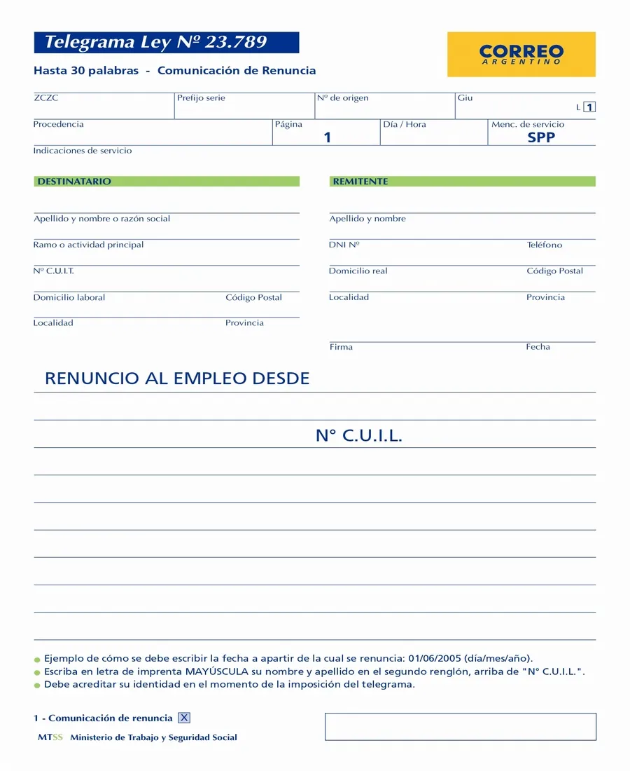 Modelo de telegrama de renuncia