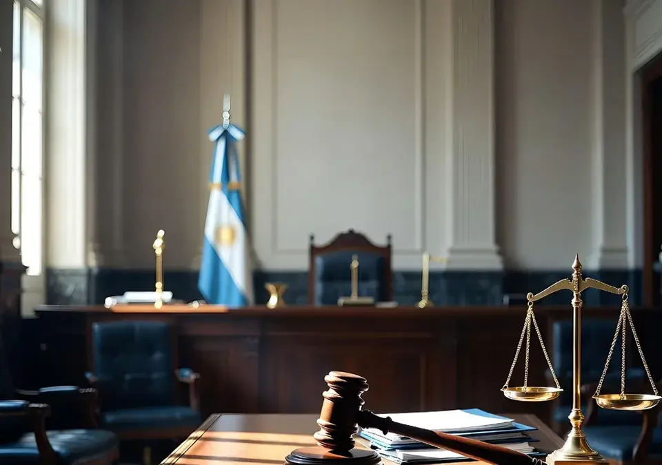 Sala de tribunal argentino con mazo judicial y balanza de la justicia sobre el estrado, representando el fallo de la Cámara del Trabajo sobre la reforma laboral Ley 27.802