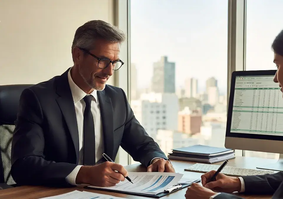 Empresario y un empleado firmando un contrato de trabajo