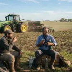 Trabajadores rurales argentinos junto a un tractor durante una jornada de trabajo en el campo.