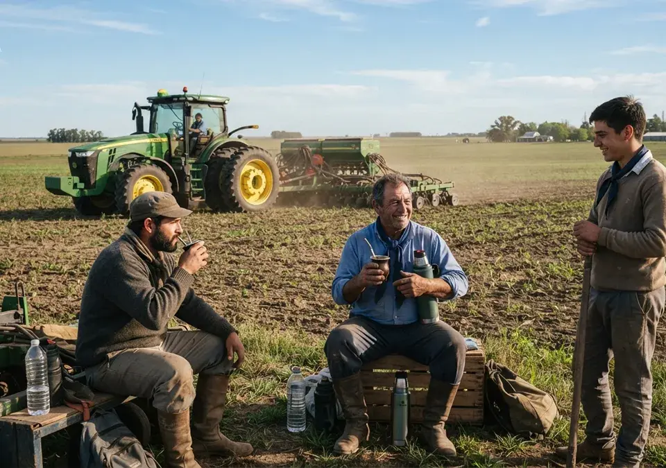 Trabajadores rurales argentinos junto a un tractor durante una jornada de trabajo en el campo.