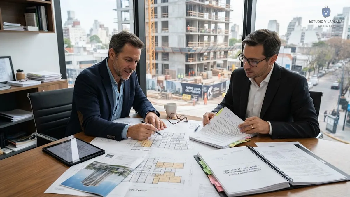 Inversor y abogado analizando la compra de un departamento en pozo