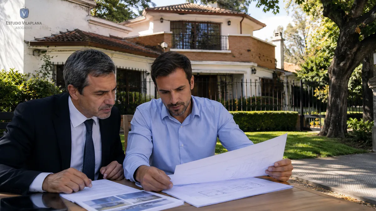 Inversor y abogado analizando la compra de un inmueble en subasta judicial