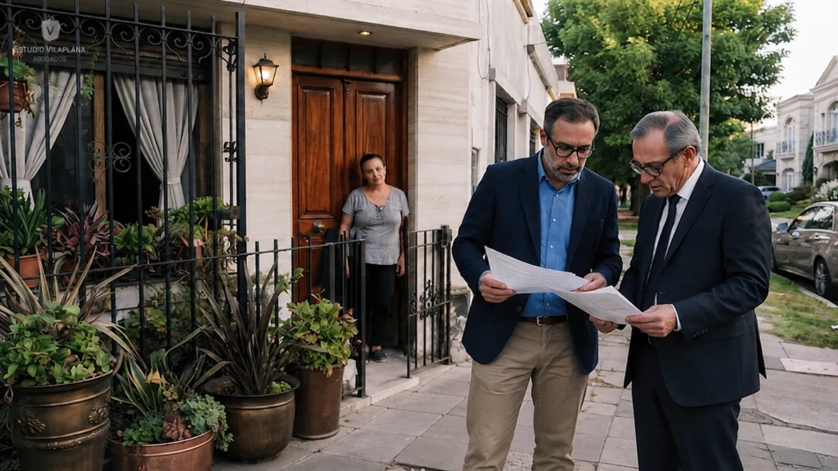 Inversor y abogado analizando la compra de una propiedad ocupada