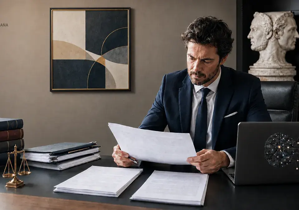 Abogado revisando documentos con inteligencia artificial y una escultura de Jano en su estudio