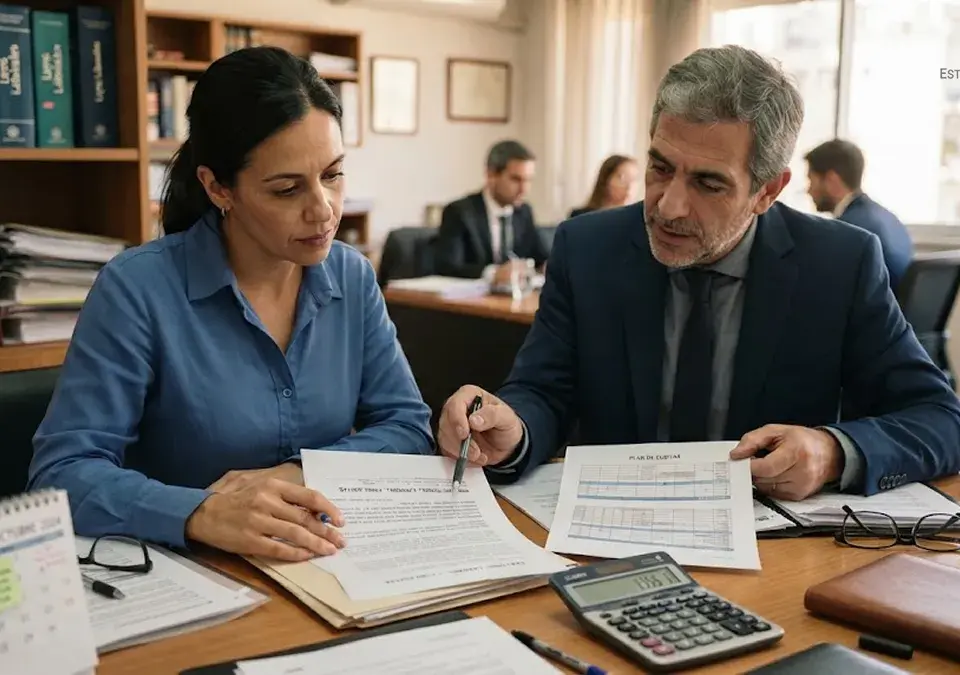 Trabajadora y abogado revisando una sentencia laboral y una propuesta de pago en cuotas