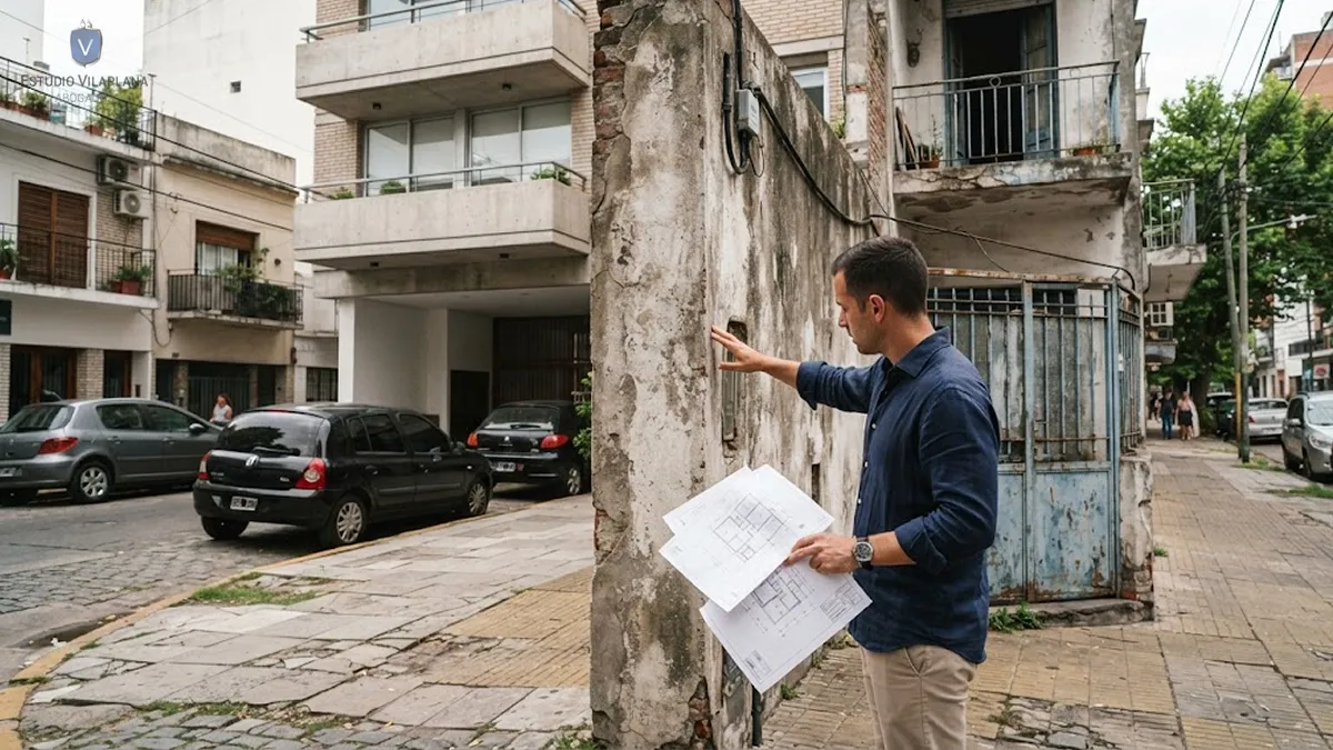 Muro divisorio entre dos propiedades analizado antes de una compraventa inmobiliaria