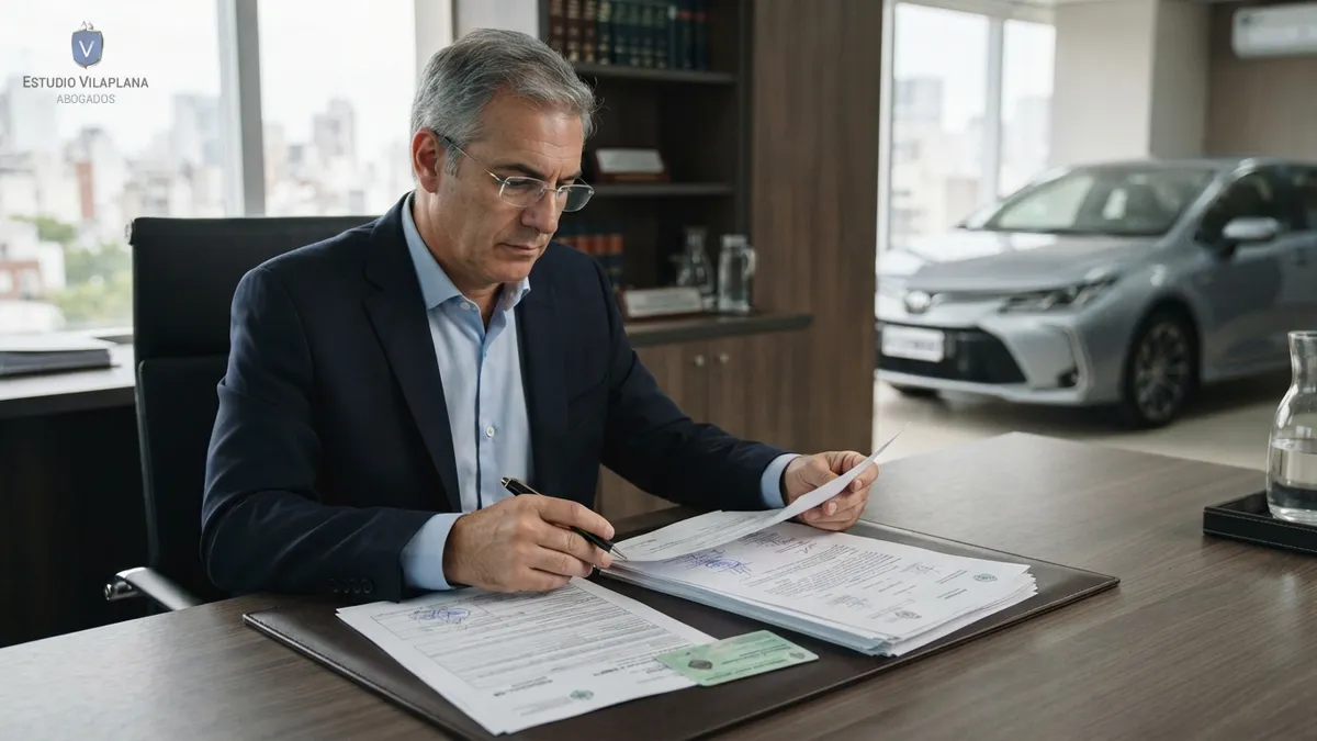 Abogado revisando la documentación para transferir un automotor cuyo titular falleció