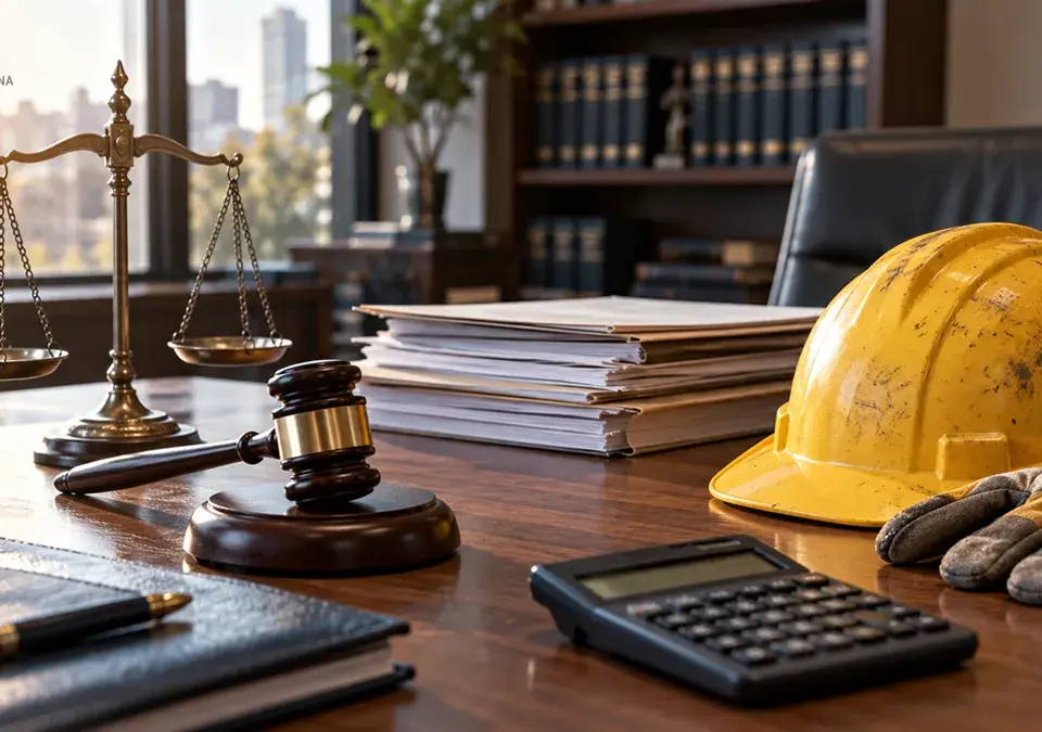 Escritorio de abogado laboralista con balanza de la justicia, calculadora, documentos y casco de obra amarillo, que representan un reclamo por accidente de trabajo