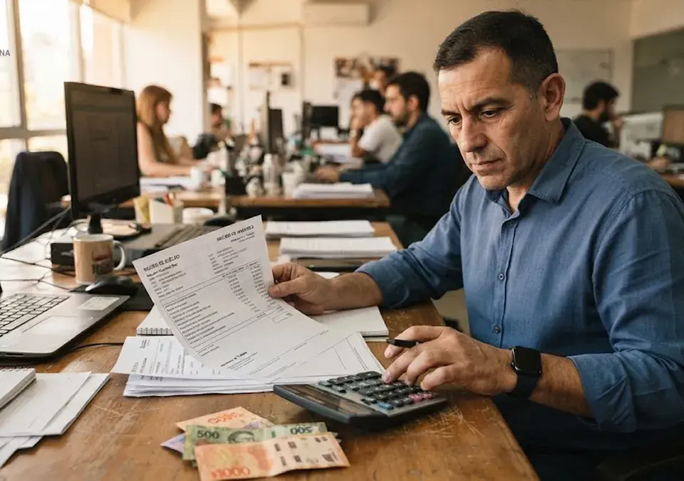 Trabajador revisando su recibo de sueldo tras el aumento del salario mínimo, vital y móvil en Argentina