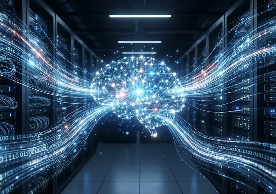 Flujos de datos digitales alimentando una red neuronal, que representan al Big Data como combustible de la Inteligencia Artificial