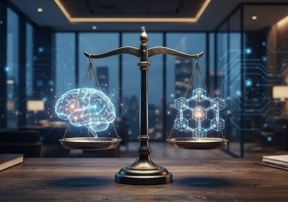 Balanza de justicia con un cerebro digital y una cadena de bloques que representan la relación entre inteligencia artificial, blockchain y derecho.