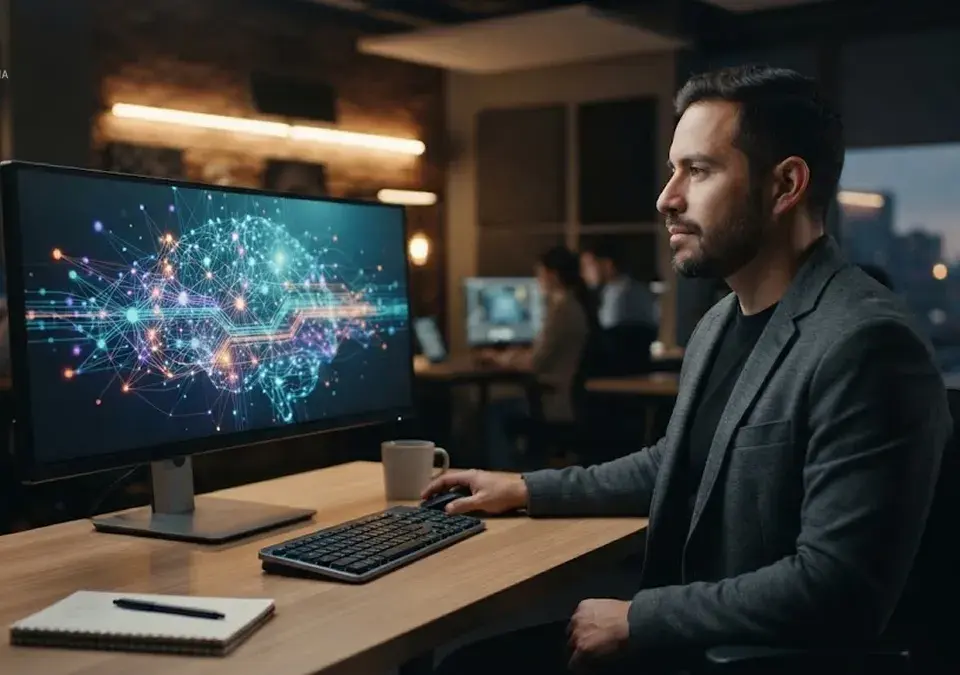 Persona observando una representación de redes neuronales y procesamiento de datos de inteligencia artificial