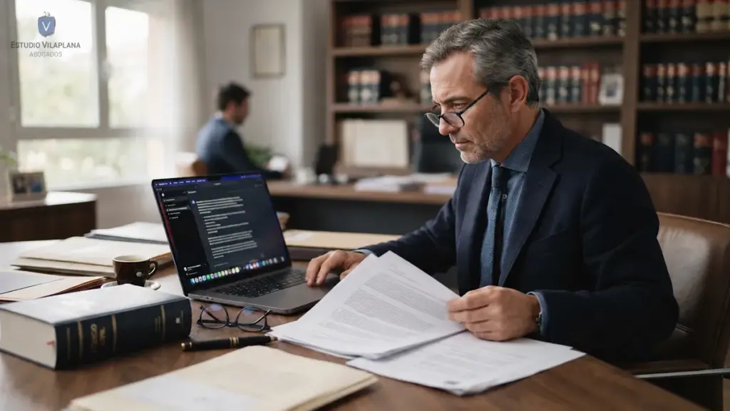 Abogado en su escritorio revisa documentos y un código legal mientras consulta una herramienta de inteligencia artificial en su computadora portátil.