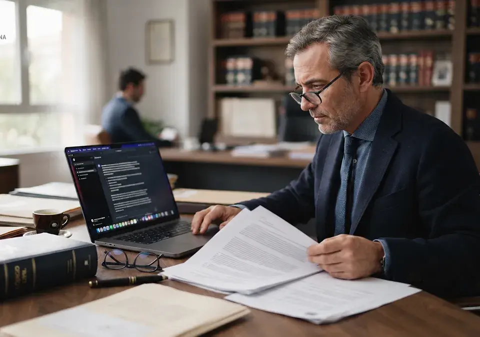 Abogado en su escritorio revisa documentos y un código legal mientras consulta una herramienta de inteligencia artificial en su computadora portátil.