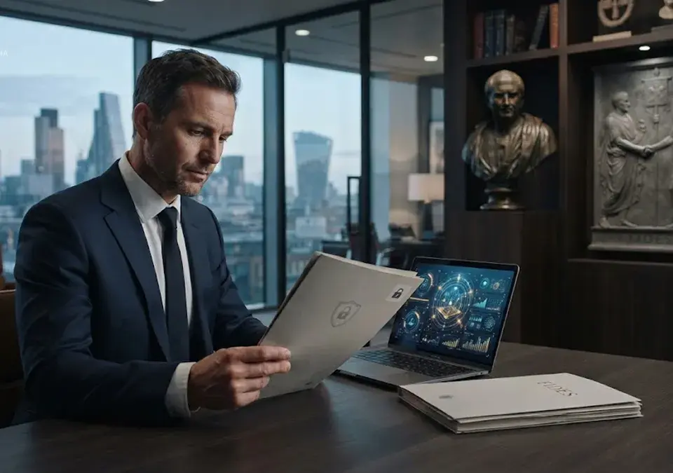 Abogado revisando documentos confidenciales de un cliente antes de utilizar una herramienta de inteligencia artificial