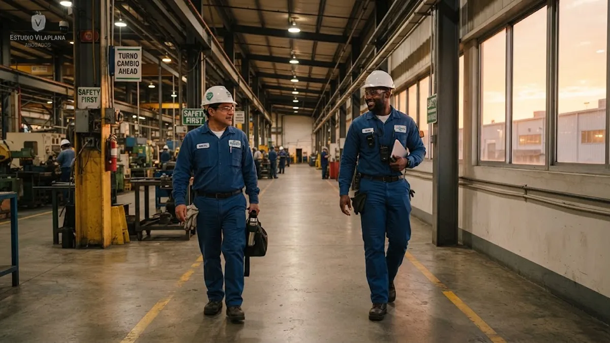 Trabajadores industriales cambiando de turno rotativo en una fábrica, ilustrando el régimen de trabajo por equipos regulado por la Ley 27.802