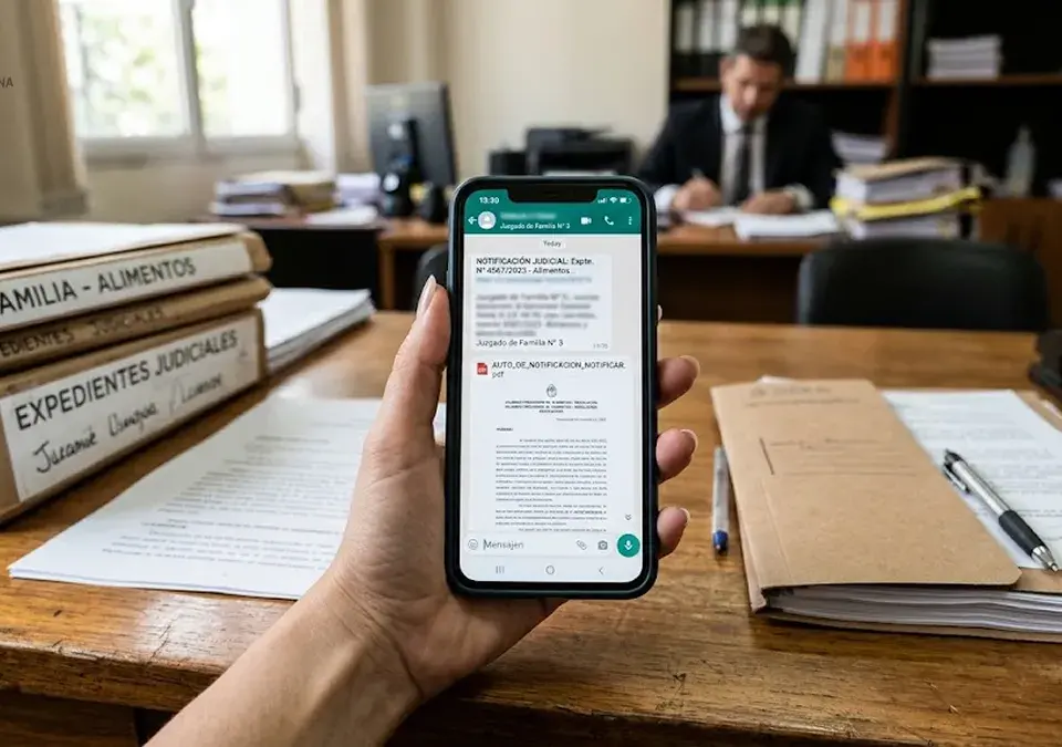 Mano sosteniendo un celular con un mensaje y un documento PDF adjunto, junto a documentos judiciales sobre un escritorio.
