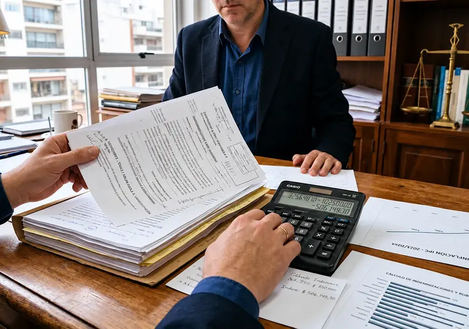 Manos de un abogado revisando un expediente laboral junto a una calculadora y documentos sobre inflación.