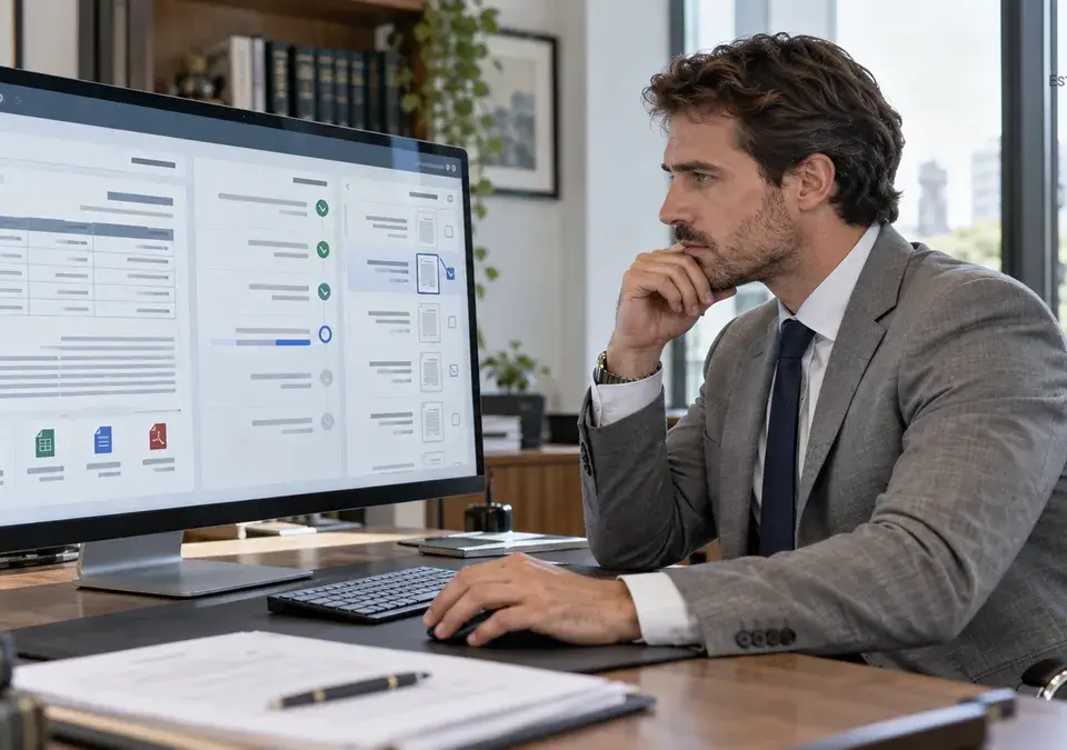 Abogado revisando documentos frente a una computadora con un asistente de inteligencia artificial.