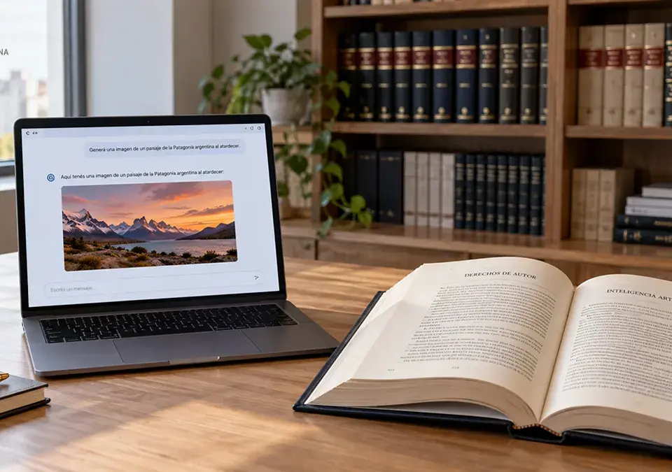 Libro abierto junto a una computadora con una interfaz de inteligencia artificial en un estudio jurídico.