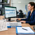 Calendario de diciembre de 2026 junto a documentación laboral y una calculadora en un escritorio empresarial.