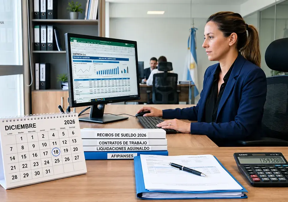 Calendario de diciembre de 2026 junto a documentación laboral y una calculadora en un escritorio empresarial.
