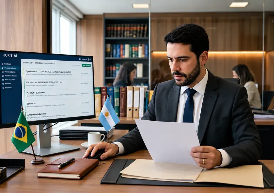 Abogado revisando documentos junto a una plataforma de inteligencia artificial, con una pequeña bandera de Brasil sobre el escritorio