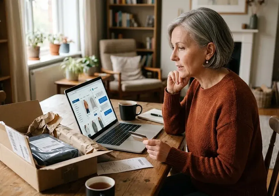 Persona revisando una compra online y consultando un asistente virtual desde una notebook.