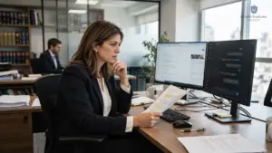 Abogado frente a dos monitores con resultados de búsqueda web y un chat de inteligencia artificial.