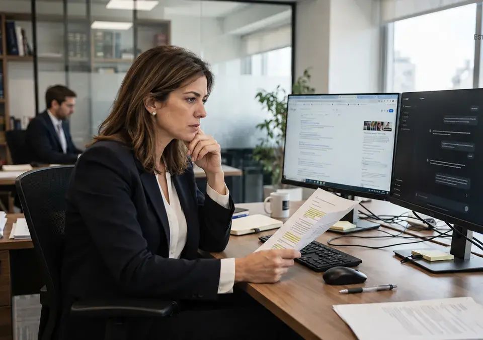 Abogado frente a dos monitores con resultados de búsqueda web y un chat de inteligencia artificial.