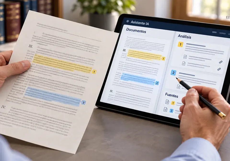 Manos comparando un documento jurídico impreso con el análisis de una plataforma de IA en una tablet.