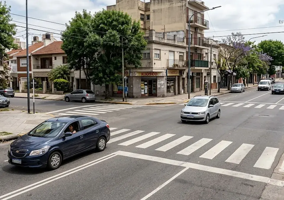 Automóvil detenido antes de ingresar a una avenida mientras otro vehículo circula por ella