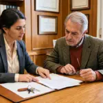 Una mujer y un abogado revisan documentos de una compraventa inmobiliaria, con llaves de vivienda sobre el escritorio.