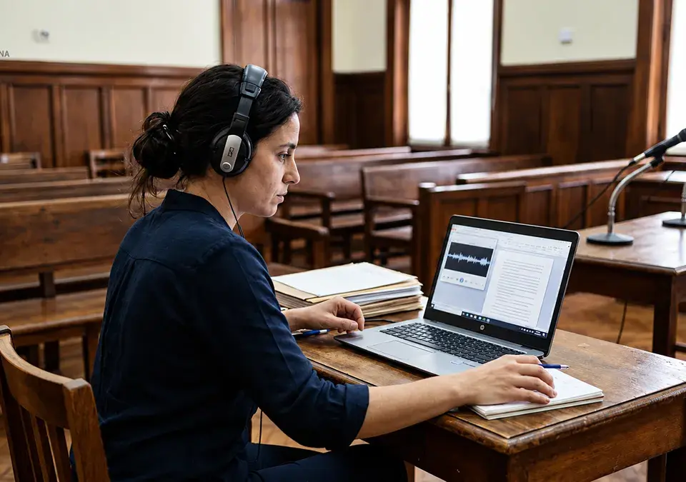 Mujer con auriculares revisa en una computadora una transcripción junto a una onda de audio en una sala de audiencias judiciales.